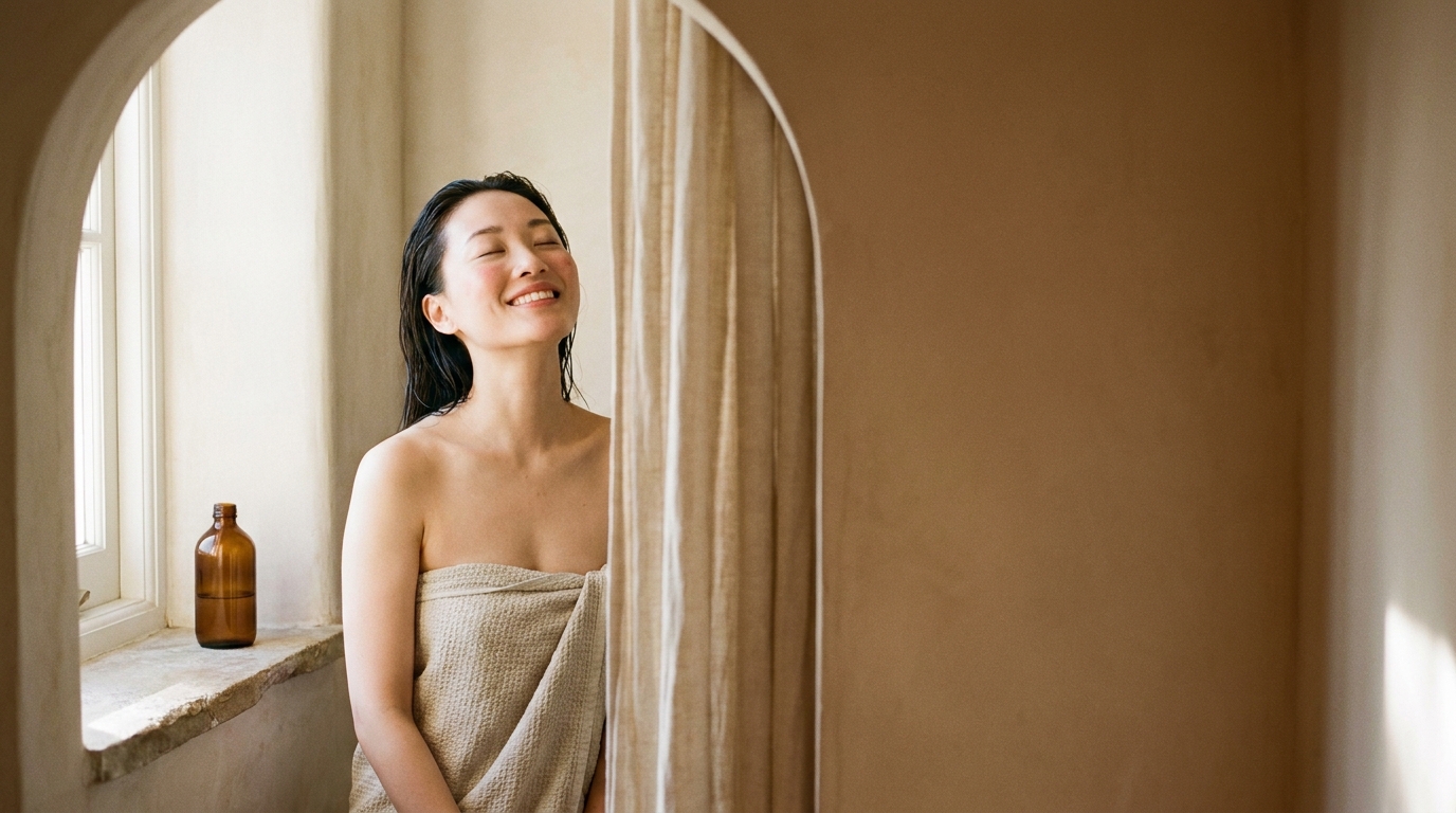 A woman in a sunlit bathroom, eyes closed, running her fingers through damp hair.
